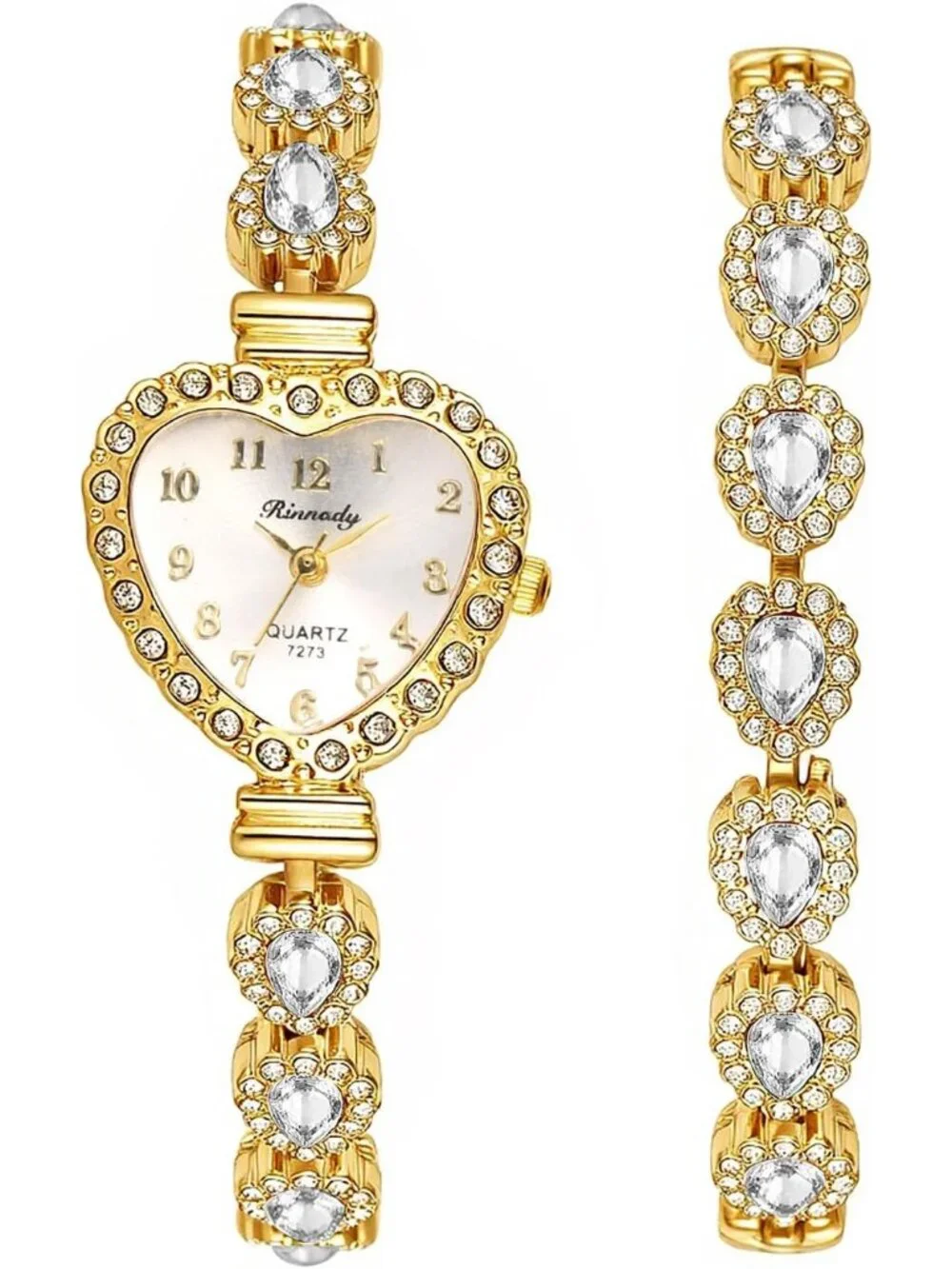 Women's White Heart Dial Bracelet Set Birthstone Crystal Quartz Display Watches